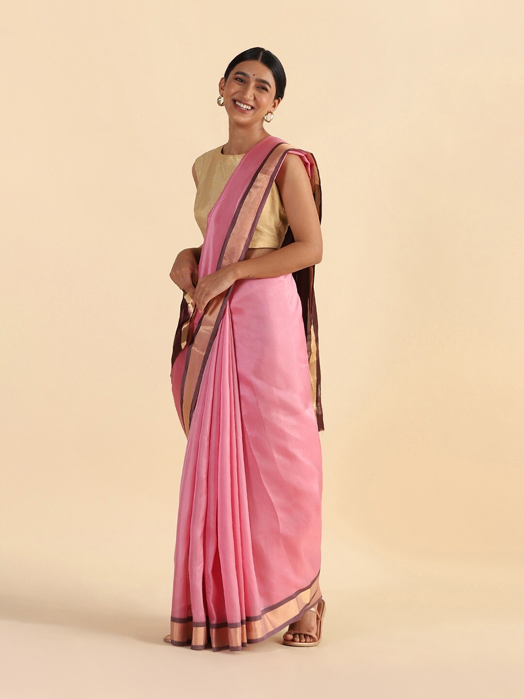 Taneira Pink & Brown Zari Pure Silk Saree