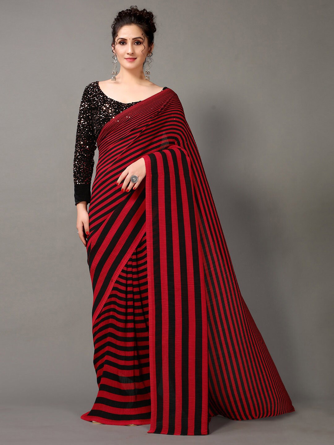 HRITIKA Red & Black Striped Saree