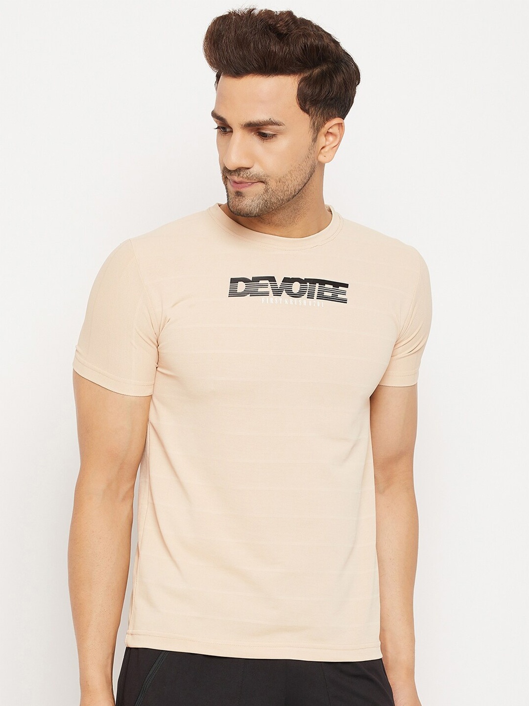 FirstKrush Men Beige Typography Printed Round Neck T-shirt