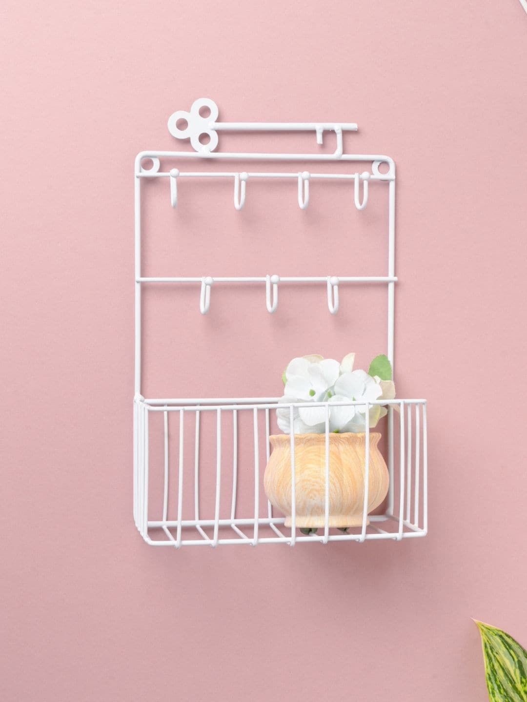Nestasia White Metal Wall Shelf Rack with Keyholders