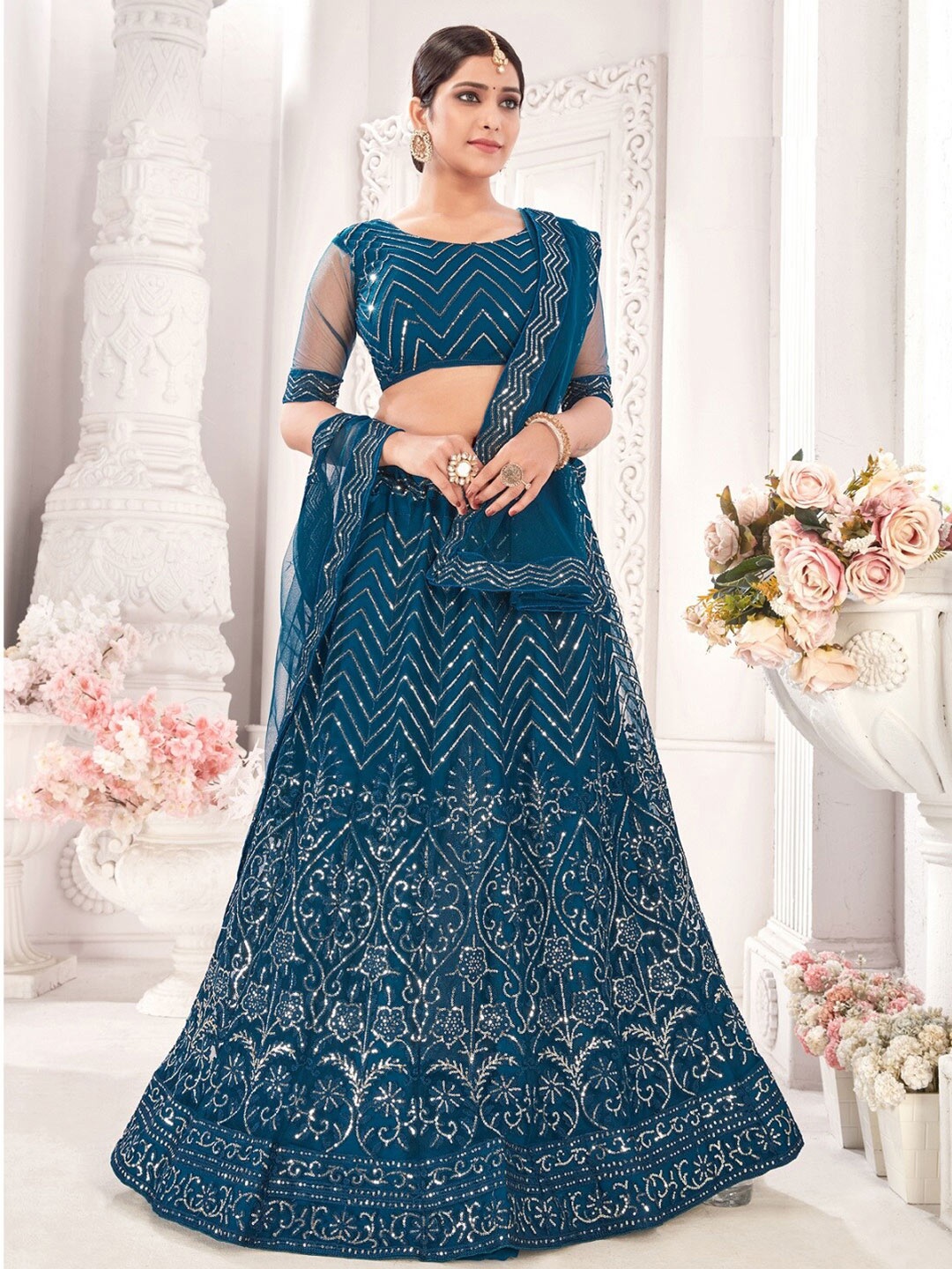 Pandadi Saree Teal Embroidered Sequinned Semi-Stitched Lehenga & Blouse With Dupatta
Pandadi Saree Teal Embroidered Sequinned Semi-Stitched Lehenga & Blouse With Dupatta