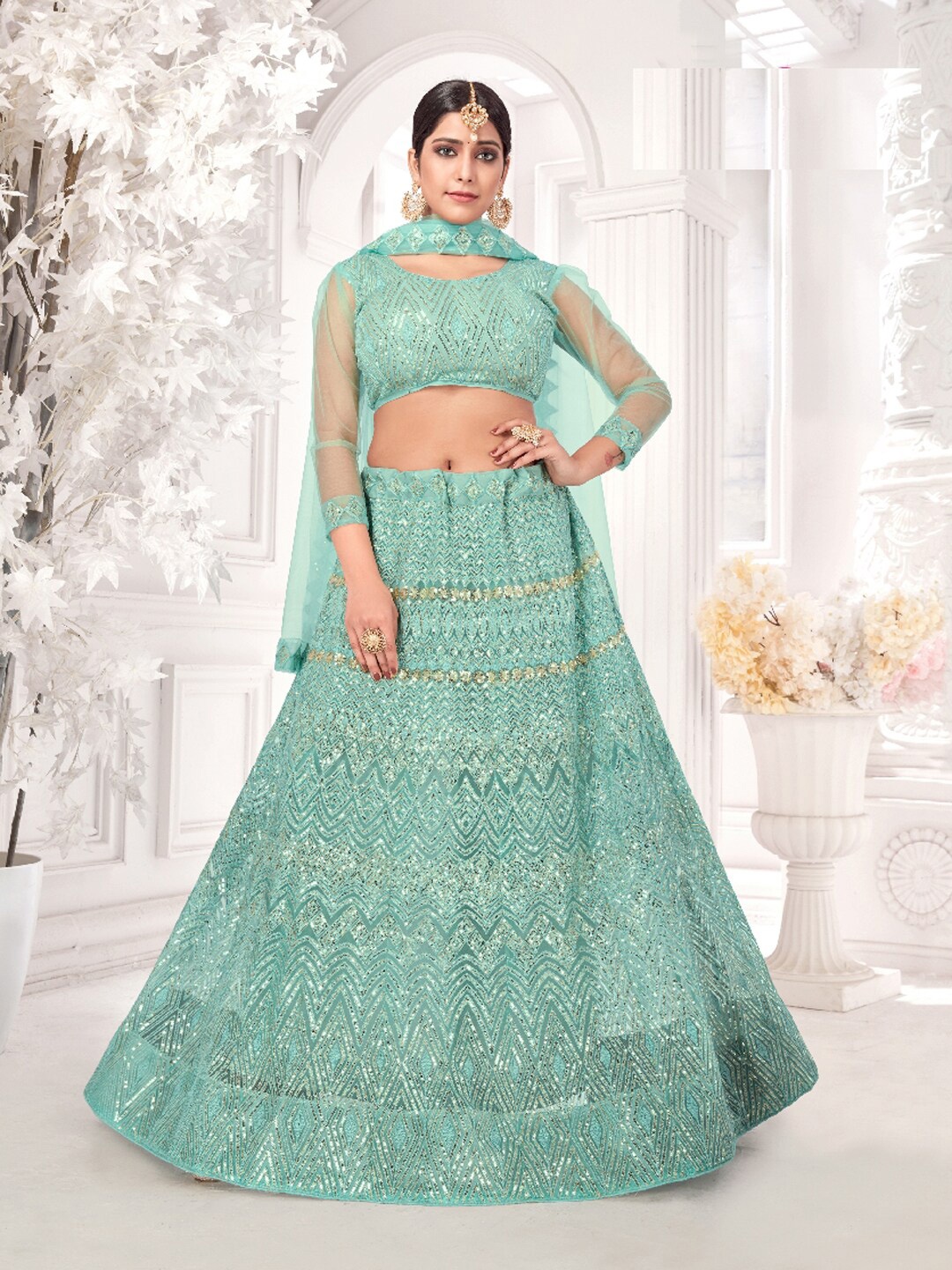 Pandadi Saree Sea Green & Silver-Toned Embroidered Sequinned Semi-Stitched Lehenga & Blouse With Dupatta
Pandadi Saree Sea Green & Silver-Toned Embroidered Sequinned Semi-Stitched Lehenga & Blouse With Dupatta