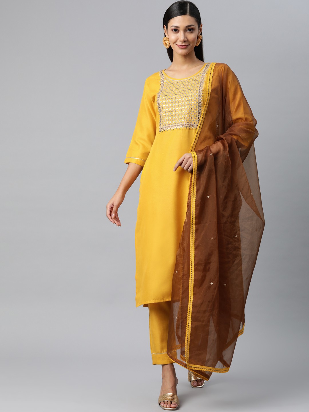 SheWill Women Mustard Yellow Ethnic Motifs Embroidered Sequinned Kurta with Trousers & With Dupatta
SheWill Women Mustard Yellow Ethnic Motifs Embroidered Sequinned Kurta with Trousers & With Dupatta