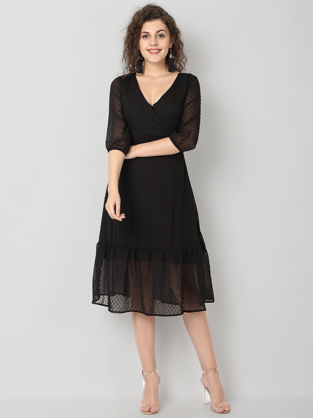 ISAM Black V-Neck Wrap Midi Dress