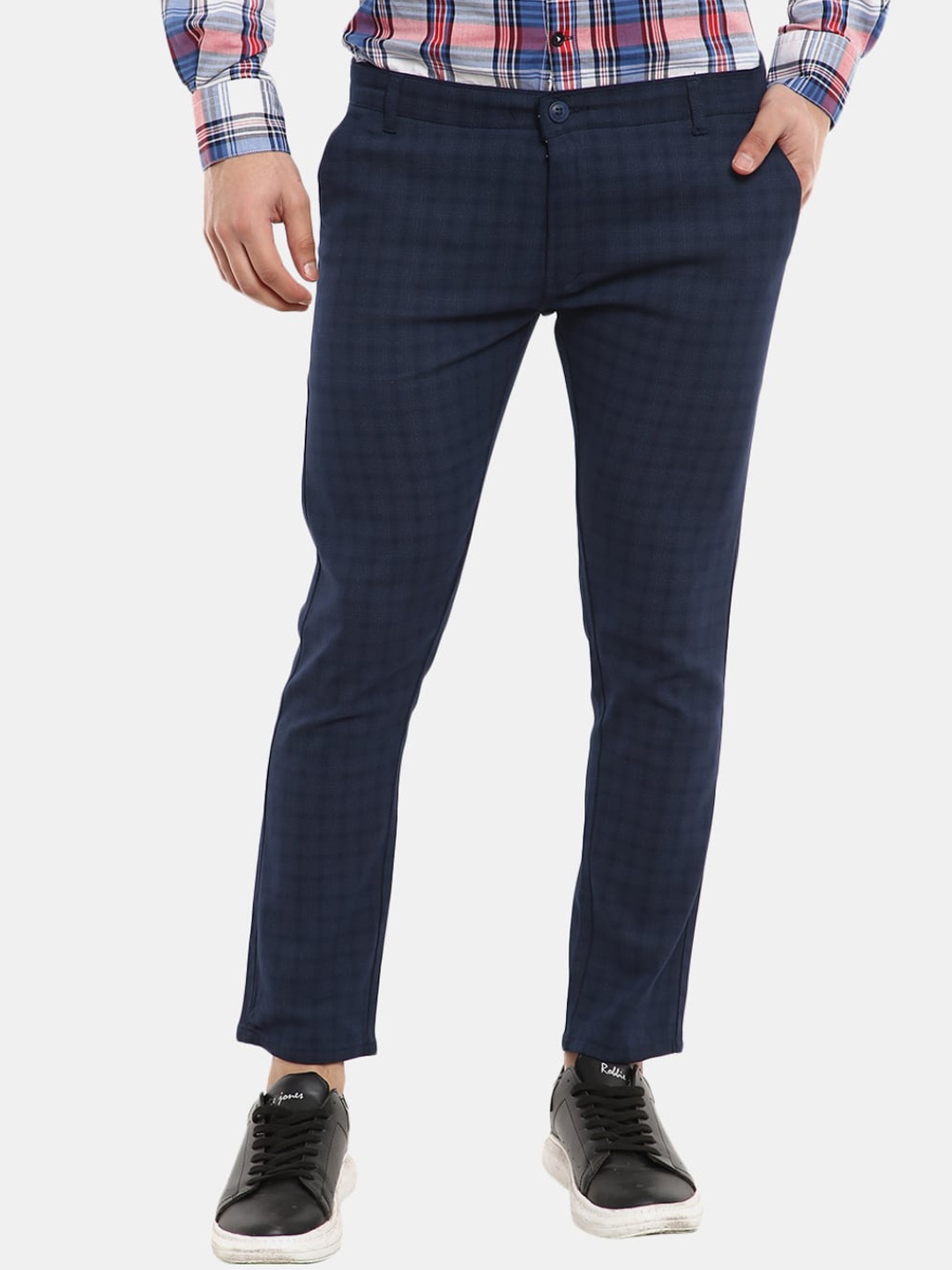 V-Mart Men Navy Blue Checked Trousers