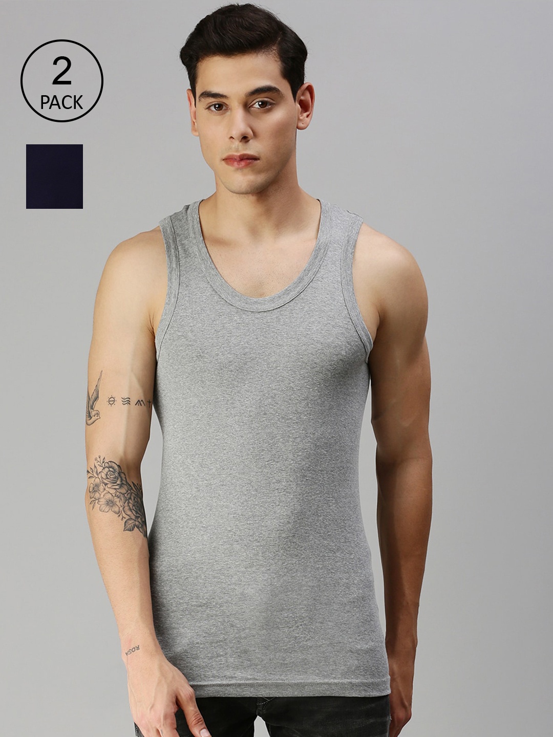 ONN Men Pack of 2 Solid Innerwear Vest, Grey