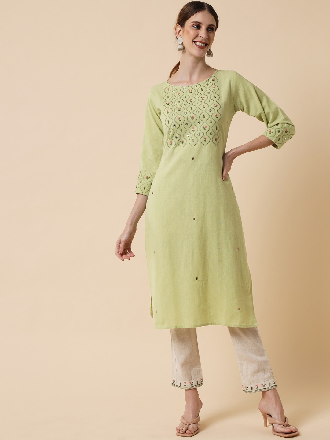 Meeranshi Women Lime Green Floral Embroidered Thread Work Pure Cotton Kurti with Trousers
Meeranshi Women Lime Green Floral Embroidered Thread Work Pure Cotton Kurti with Trousers