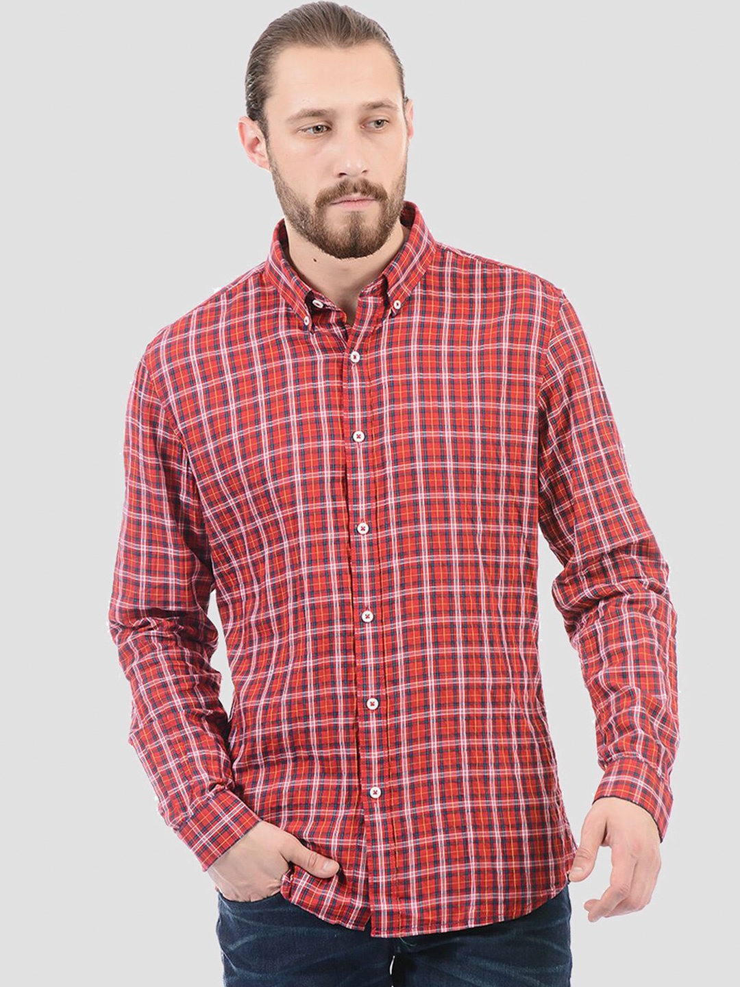 LONDON FOG Men Red Checked Casual Shirt