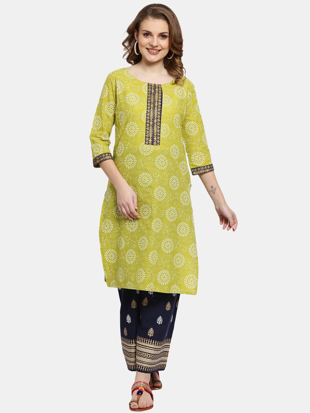 Desi Mix Women Olive Green Floral Printed Floral Kurta