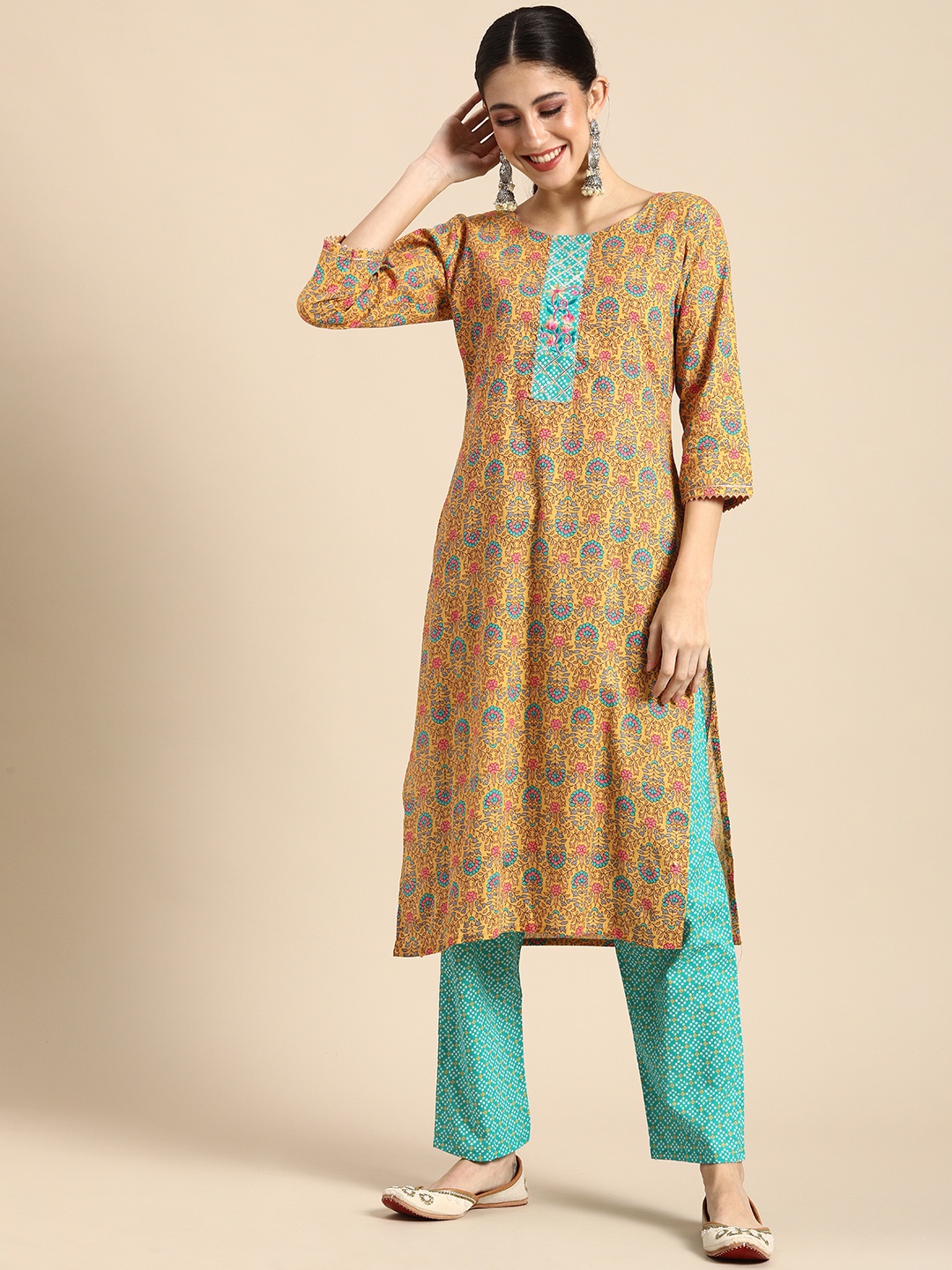 Anouk Mustard Yellow & Pink Floral Printed Thread Work Cotton Straight Kurta Trousers
Anouk Mustard Yellow & Pink Floral Printed Thread Work Cotton Straight Kurta Trousers