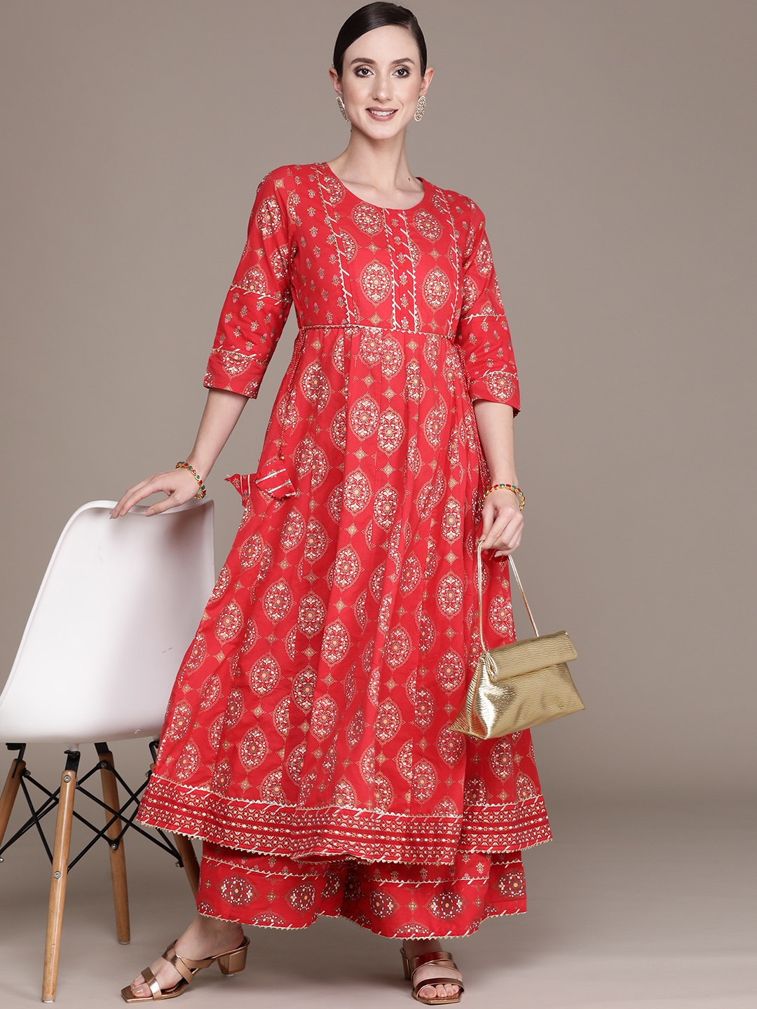 Ishin Women Red Floral Printed Gotta Patti Pure Cotton Kurta with Palazzos