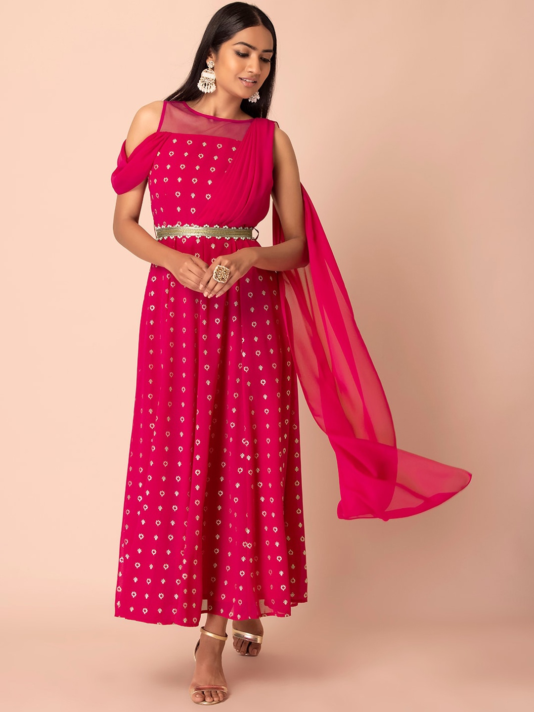 INDYA Women Pink & Gold-Toned Embroidered Thread Work Georgette Anarkali Kurta