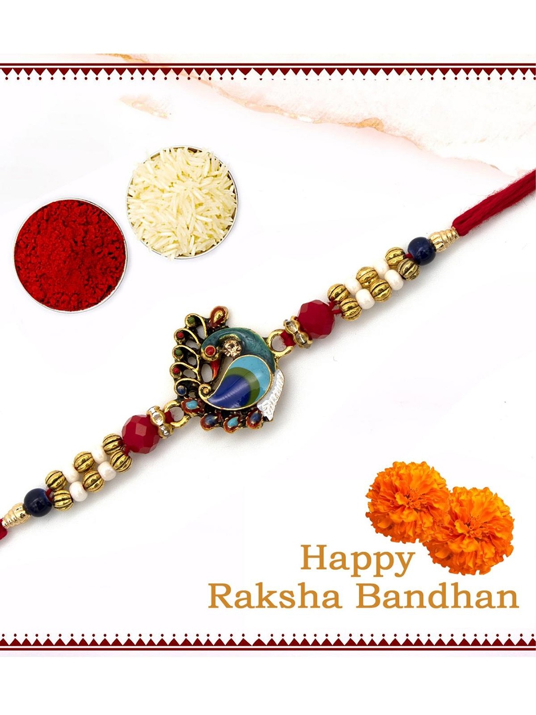 YOUSTYLO Gold-Toned & Blue Peacock Rakhi with Roli, Chawal & Greeting Card, Navy blue
YOUSTYLO Gold-Toned & Blue Peacock Rakhi with Roli, Chawal & Greeting Card, Navy blue