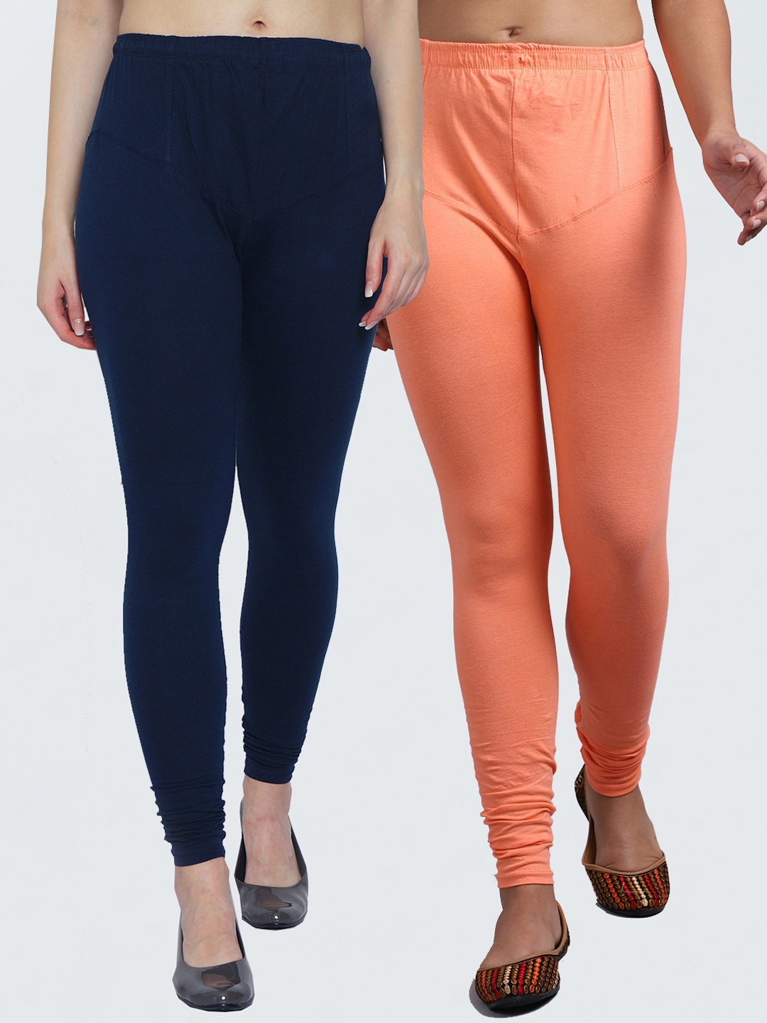 Jinfo Women Pack of 2 Navy Blue & Peach-Colored Solid Churidar Length Leggings
Jinfo Women Pack of 2 Navy Blue & Peach-Colored Solid Churidar Length Leggings