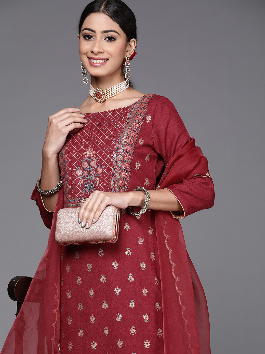 Indo Era Women Maroon Ethnic Motifs Foil Printed Kurta with Palazzos & Dupatta
Indo Era Women Maroon Ethnic Motifs Foil Printed Kurta with Palazzos & Dupatta