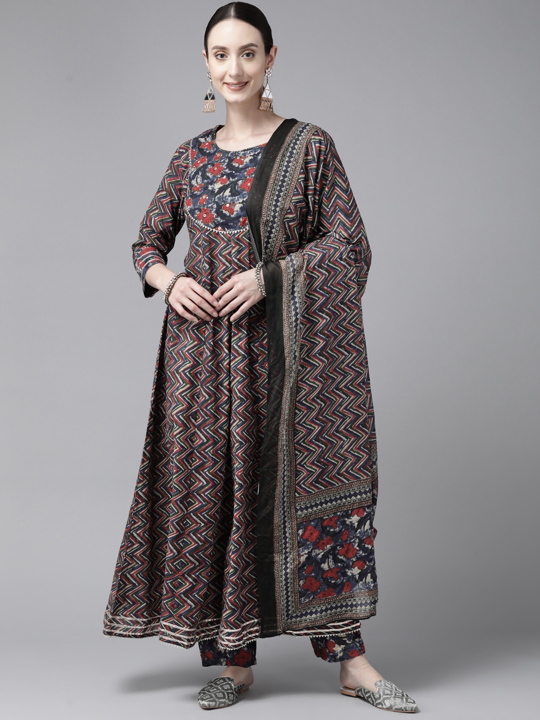 Yufta Women Printed Gotta Patti Pure Cotton Anarkali Kurta with Palazzos & Dupatta, Blue
Yufta Women Printed Gotta Patti Pure Cotton Anarkali Kurta with Palazzos & Dupatta, Blue