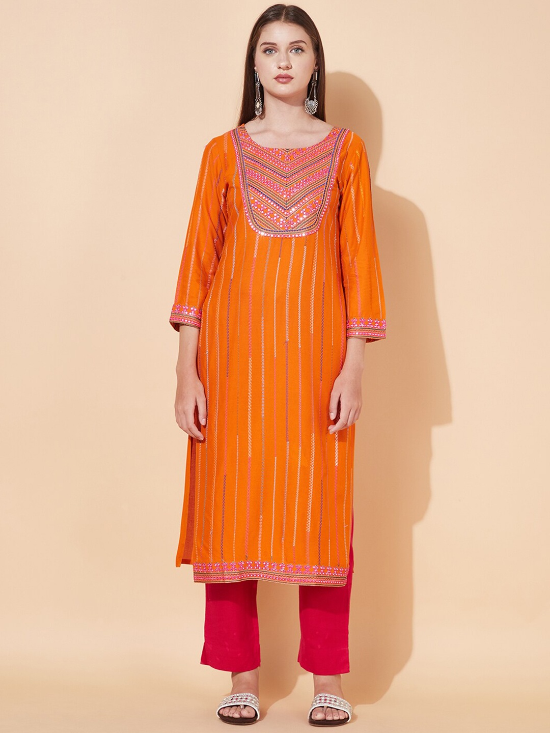 FASHOR Women Orange Striped Thread Work Kurta