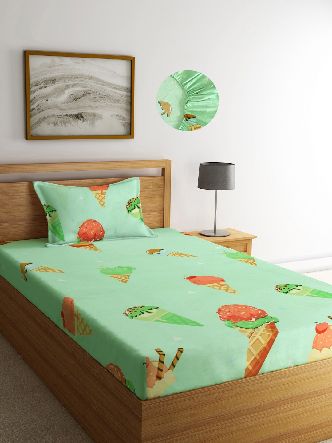 KLOTTHE Multicolor Cartoon Characters 300 TC Fitted Single Bedsheet with Pillow Cover, Green
KLOTTHE Multicolor Cartoon Characters 300 TC Fitted Single Bedsheet with Pillow Cover, Green