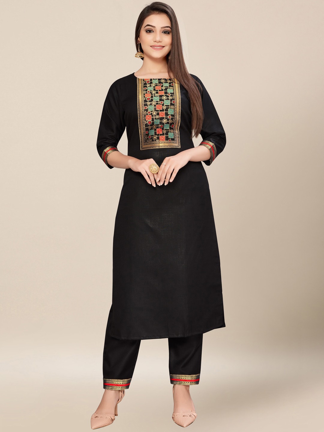 AYKA CLOTHINGS Women Black Floral Yoke Design Pure Cotton Kurti with Trousers