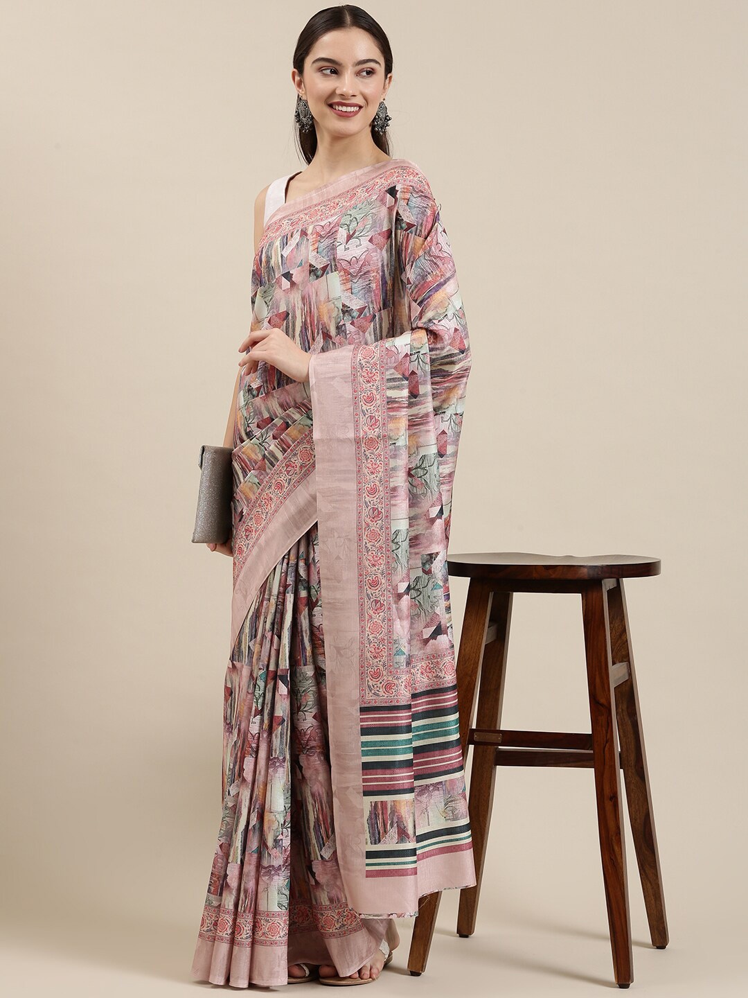 The Chennai Silks Pink & Blue Pure Cotton Fusion Saree