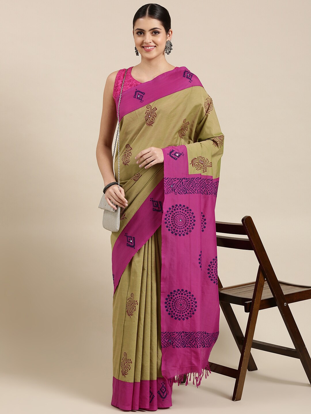 The Chennai Silks Olive Green & Pink Floral Mirror Work Block Print Saree