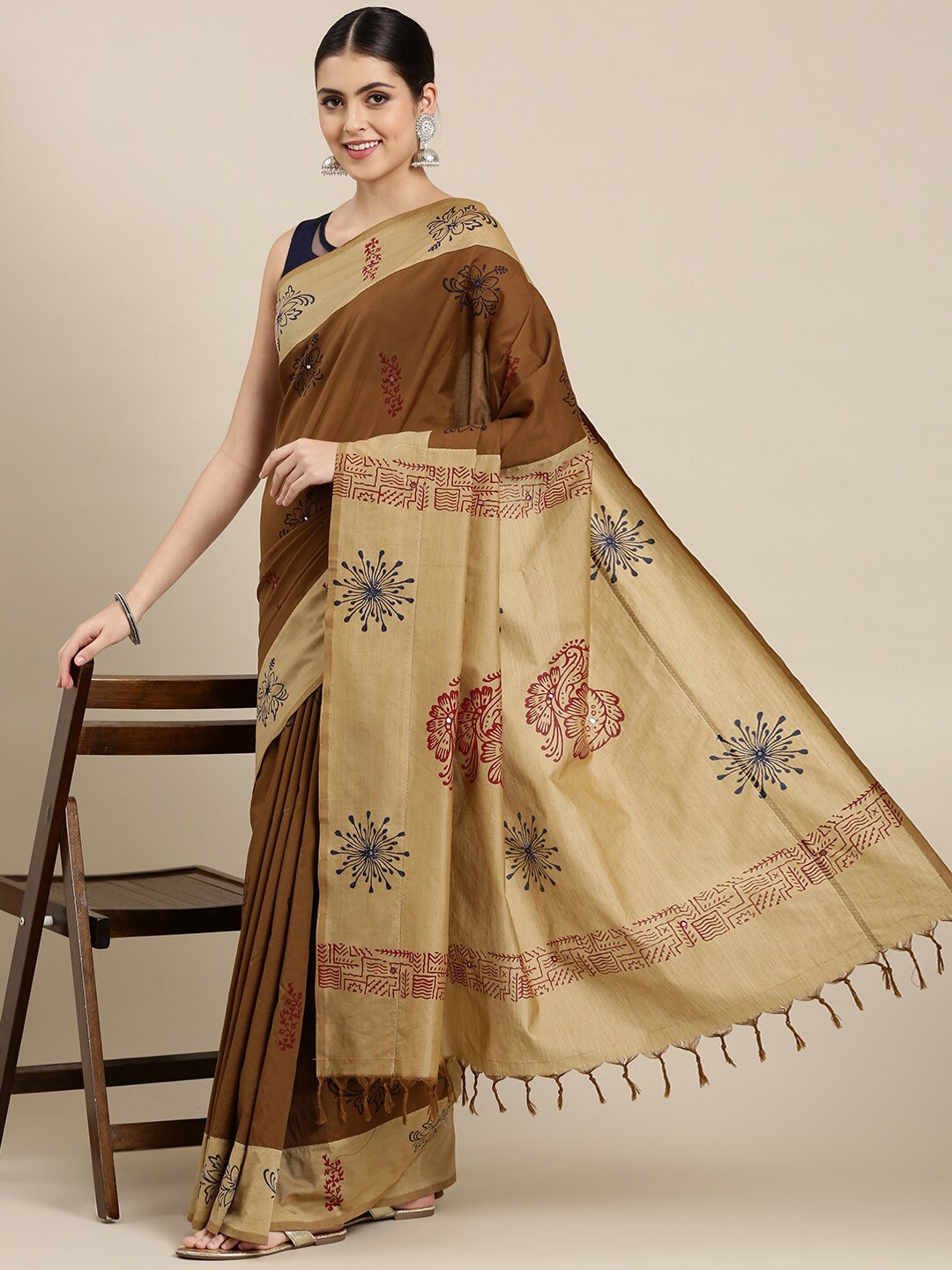 The Chennai Silks Khaki & Brown Floral Fusion Block Print Saree