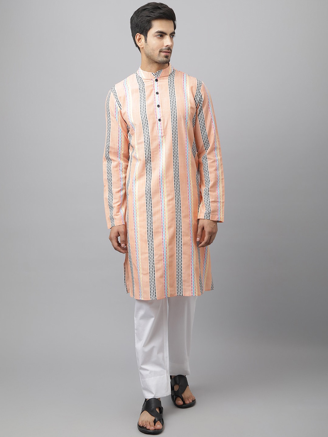 Waahiba Men Orange Striped Kurta