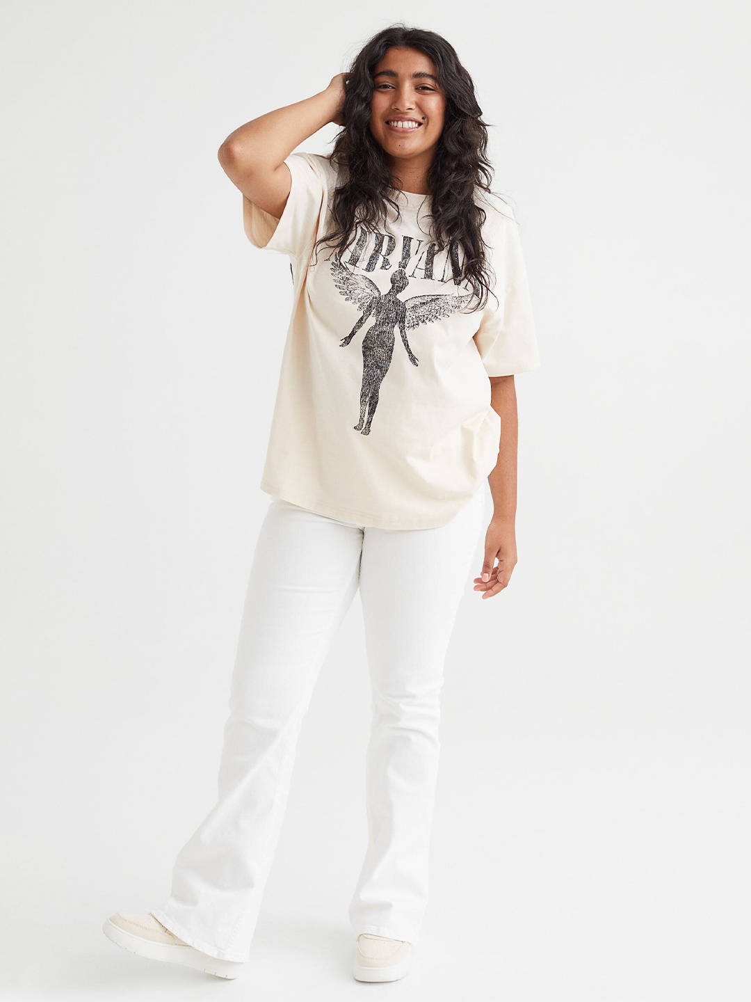H&M Women Beige Cotton Oversized Printed T-shirt