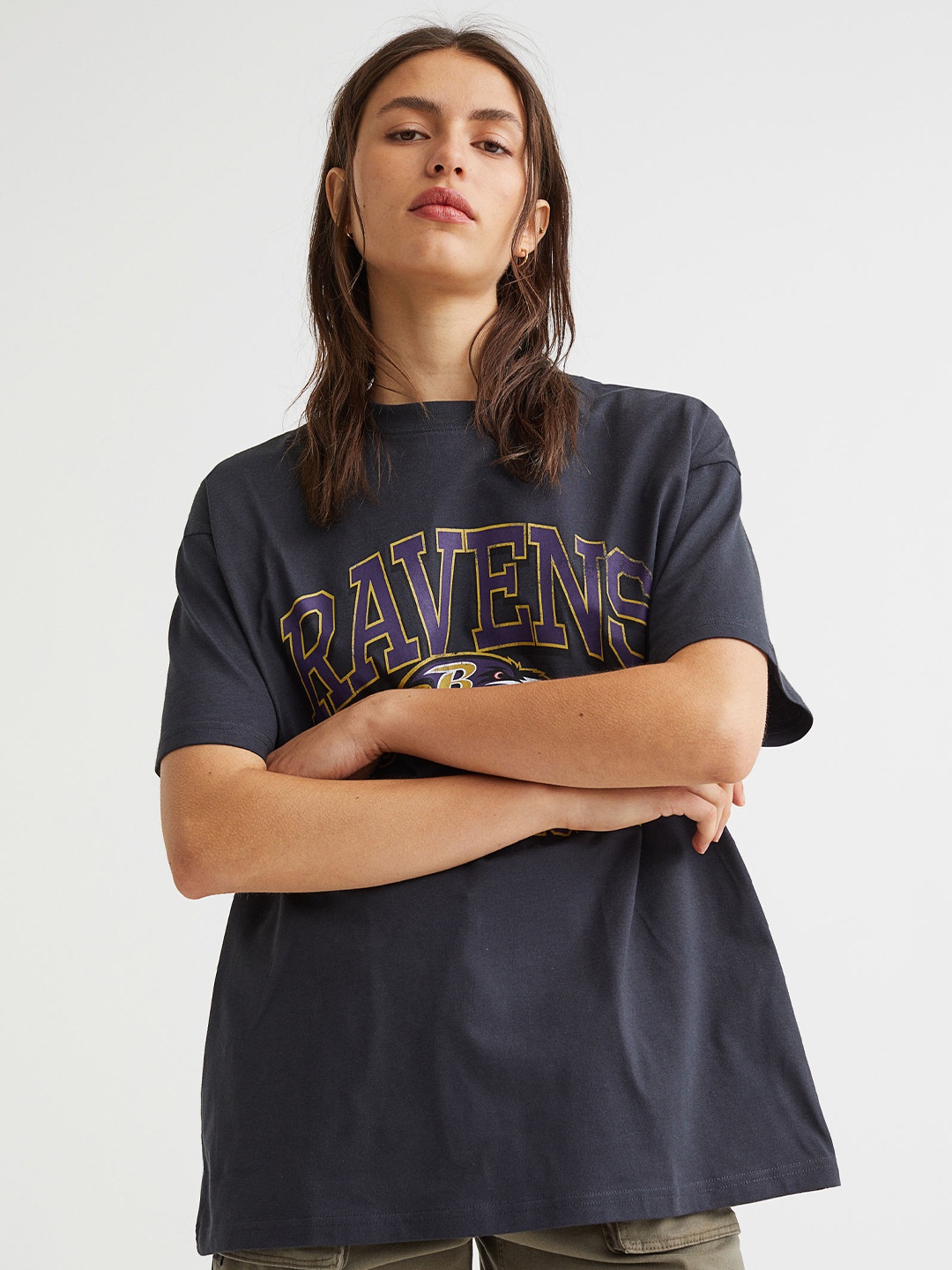 H&M Women Grey Printed Oversized T-shirt