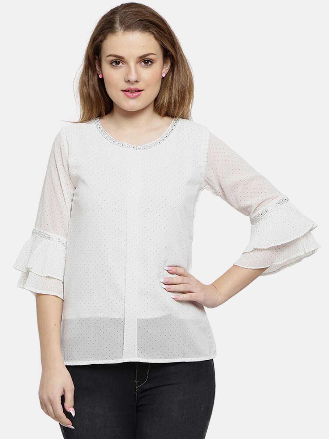 V-Mart Women White Western Printed Georgette Round Neck Top 
V-Mart Women White Western Printed Georgette Round Neck Top