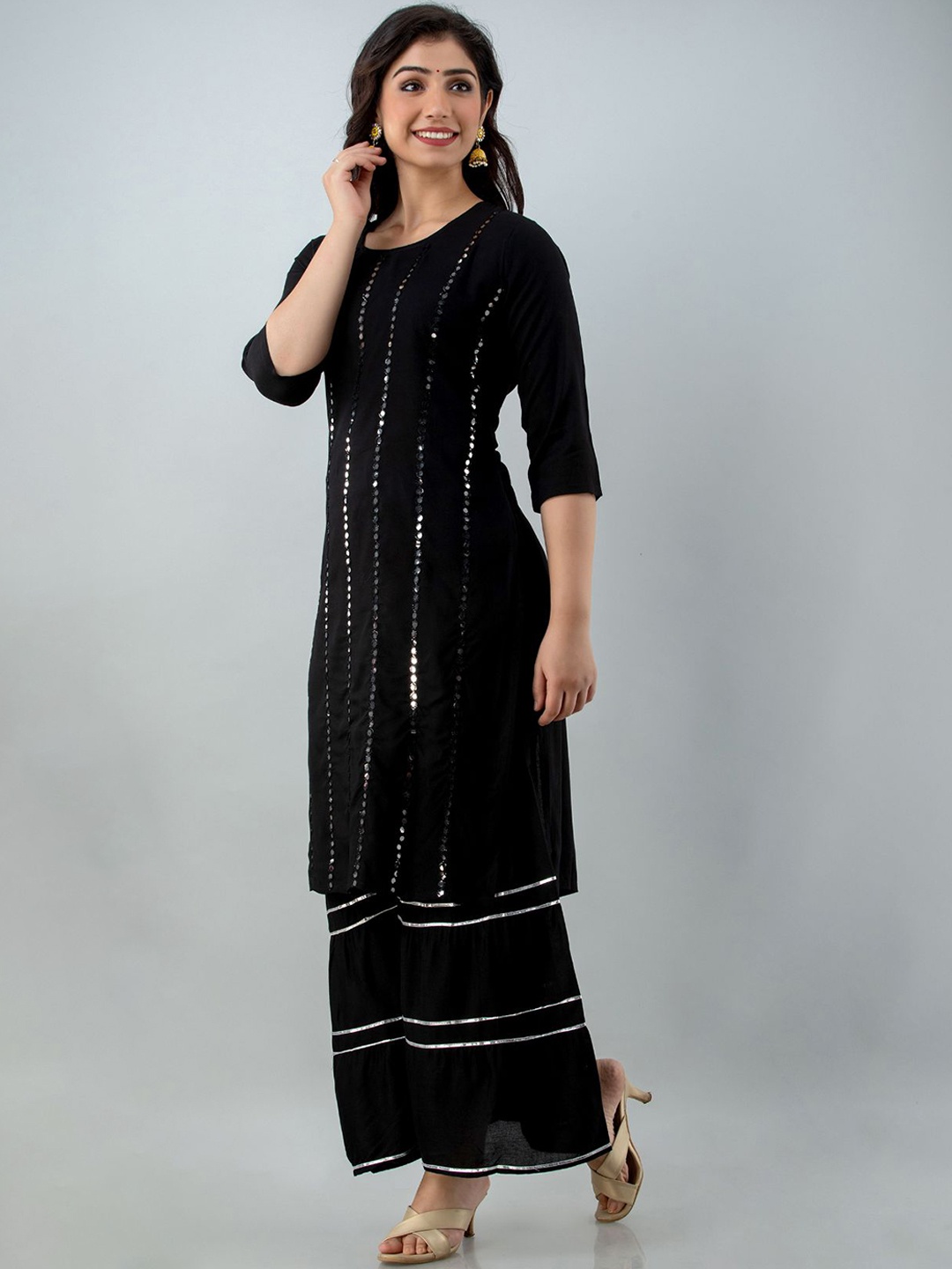 Lovista Women Black Ethnic Motifs Embroidered Layered Mirror Work Kurta with Palazzos