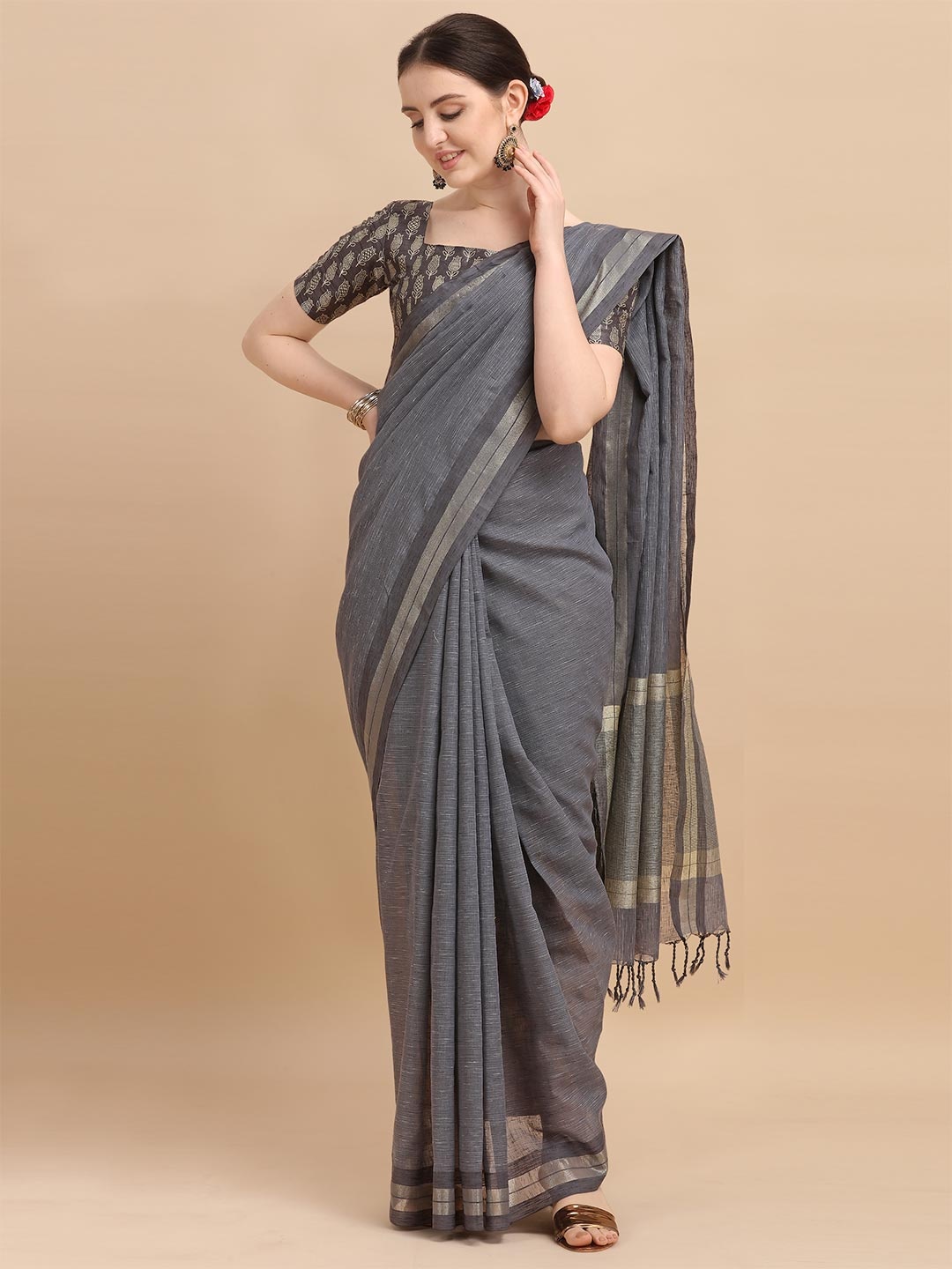 VISHNU WEAVES Green Checked Pure Linen Banarasi Saree