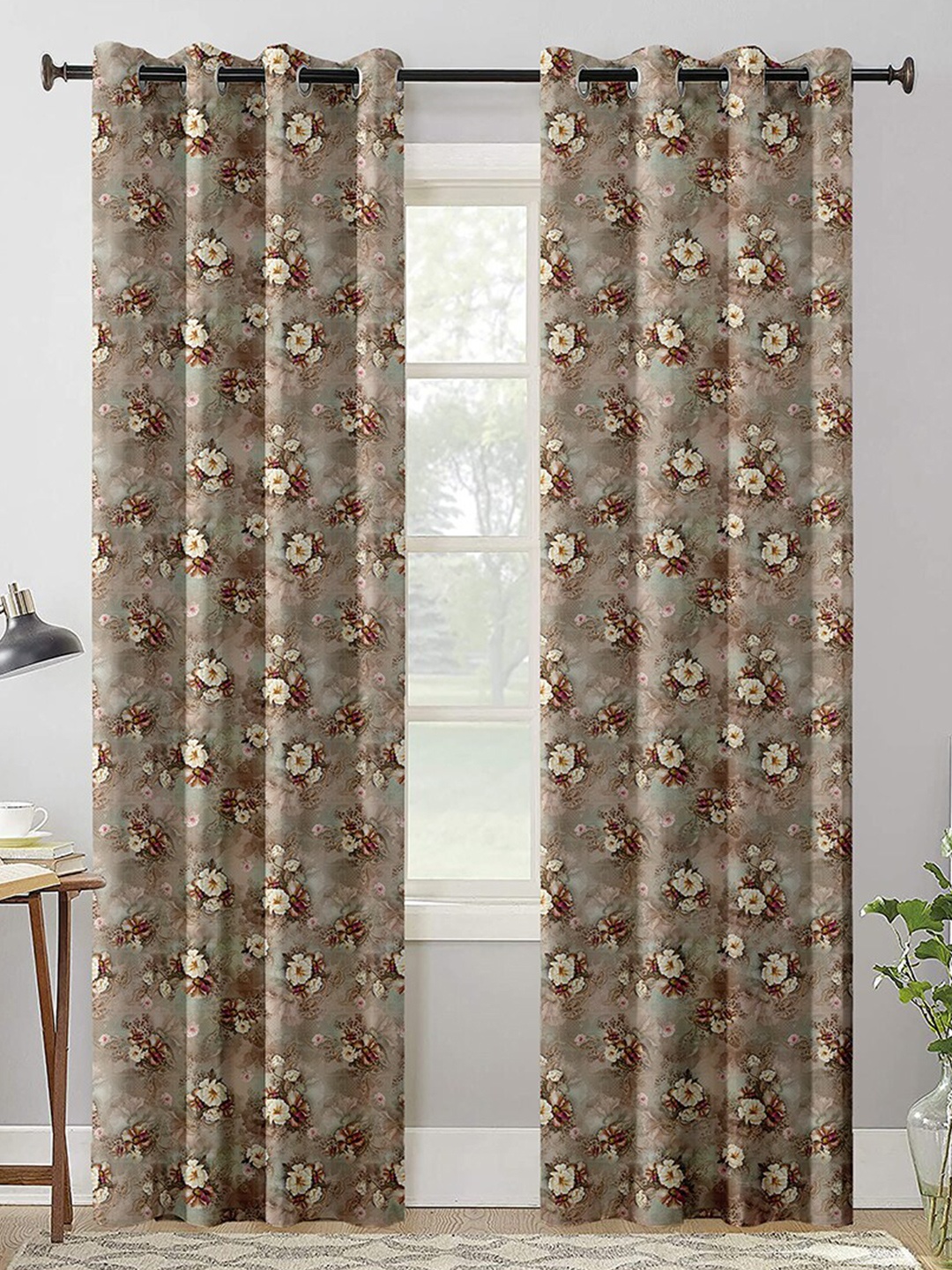 AEROHAVEN Brown & Cream-Coloured Set of 2 Floral Room Darkening Door Curtain