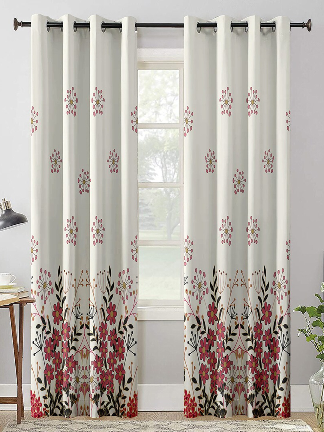 AEROHAVEN Cream-Coloured & Pink Set of 2 Floral Room Darkening Long Door Curtain