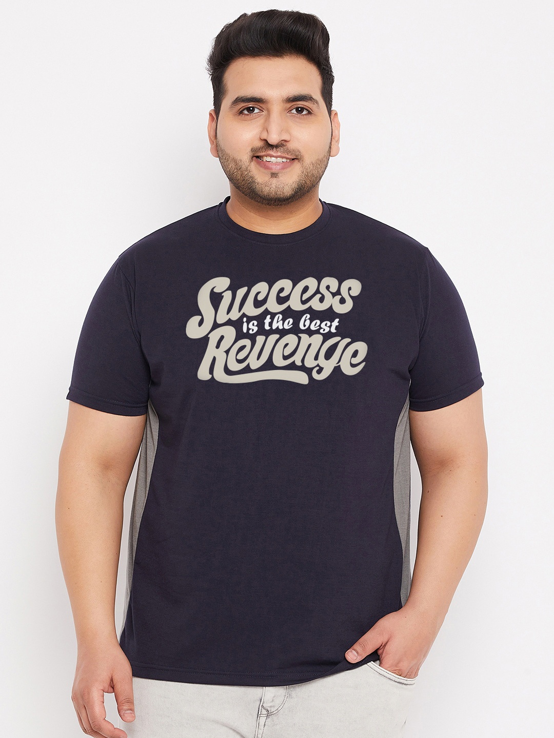 bigbanana Men Plus Size Navy Blue Typography Printed T-shirt