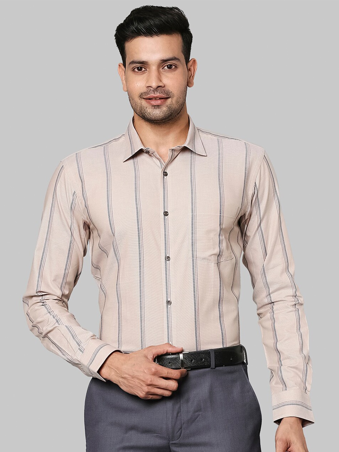 Park Avenue Men Beige Slim Fit Striped Formal Shirt