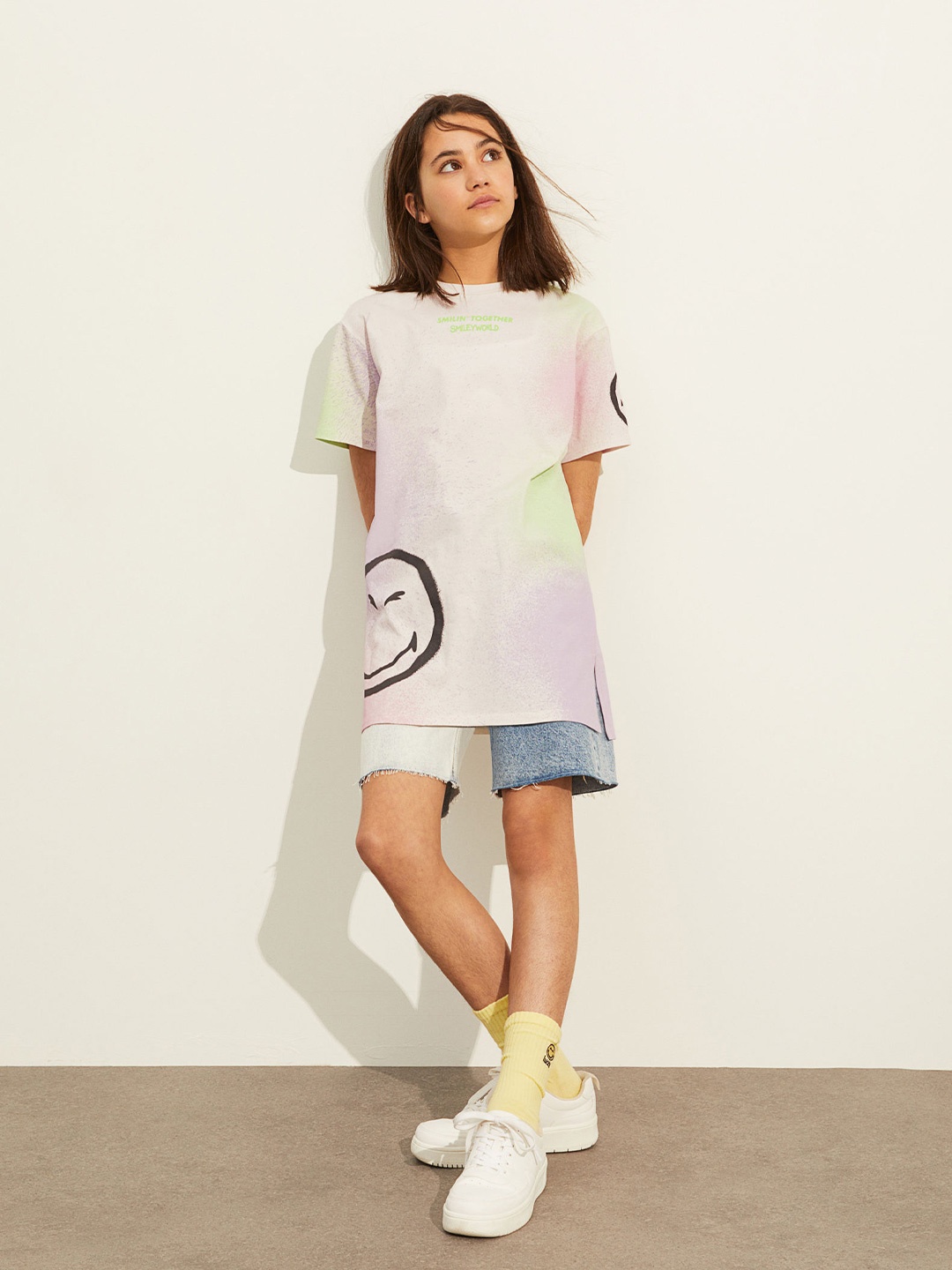 H&M Girls White & Purple Oversized Printed T-shirt Dress