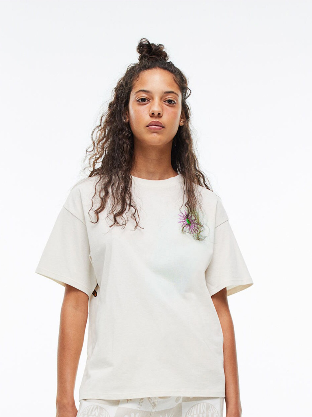 H&M Women White Printed Cotton T-shirt