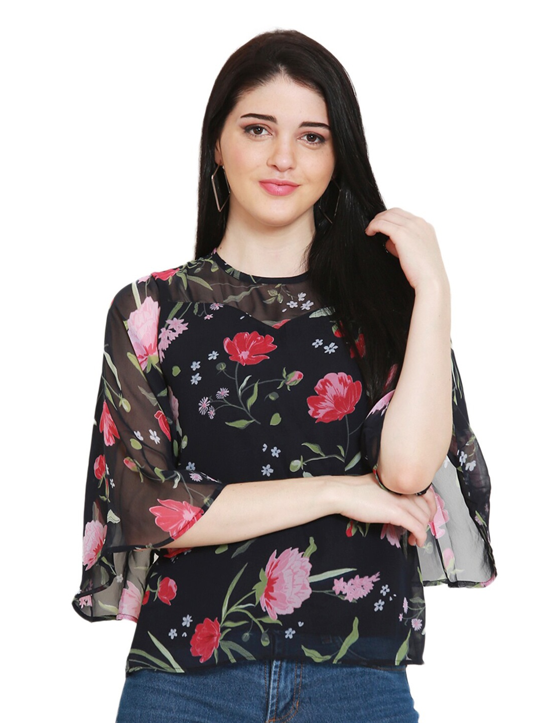 BLUE CHIC Black & Red Floral Print Georgette Top