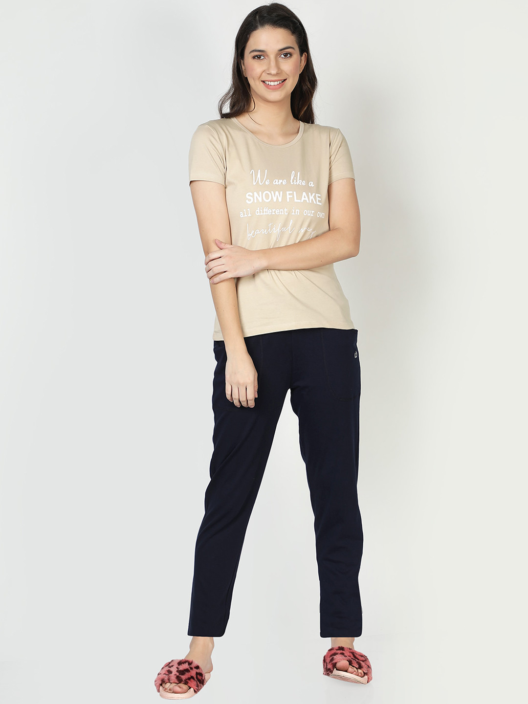 CLUB A9 Women Beige & Navy Blue Printed Night suit 
CLUB A9 Women Beige & Navy Blue Printed Night suit