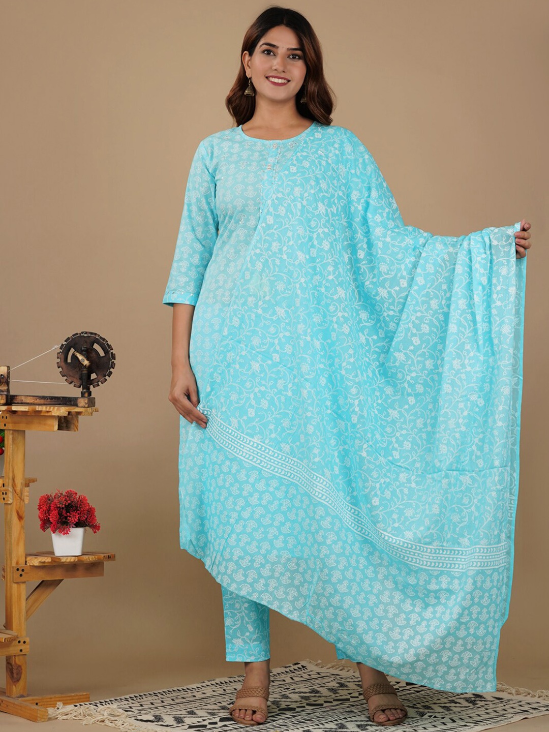 ETHNIC STREET Women Blue Ethnic Motifs Printed Empire Sequinned Pure Cotton Kurti with Trousers & With
ETHNIC STREET Women Blue Ethnic Motifs Printed Empire Sequinned Pure Cotton Kurti with Trousers & With