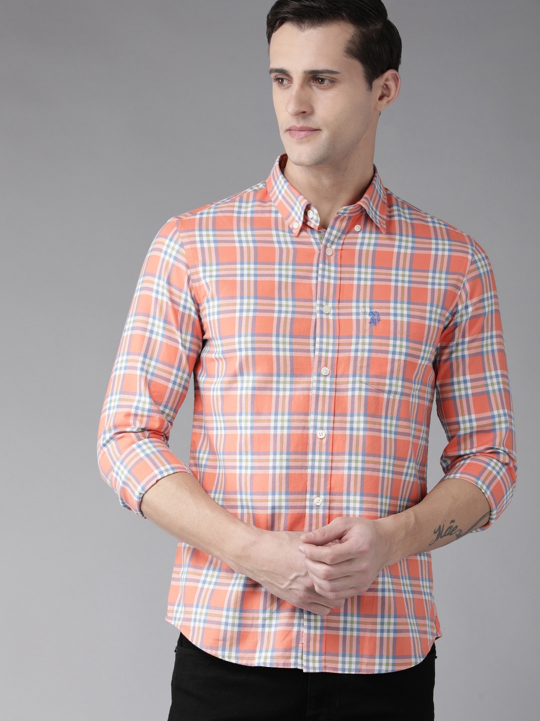 U S Polo Assn Men Peach-Coloured & Blue Tailored Fit Checked Pure Cotton Casual Shirt
U S Polo Assn Men Peach-Coloured & Blue Tailored Fit Checked Pure Cotton Casual Shirt