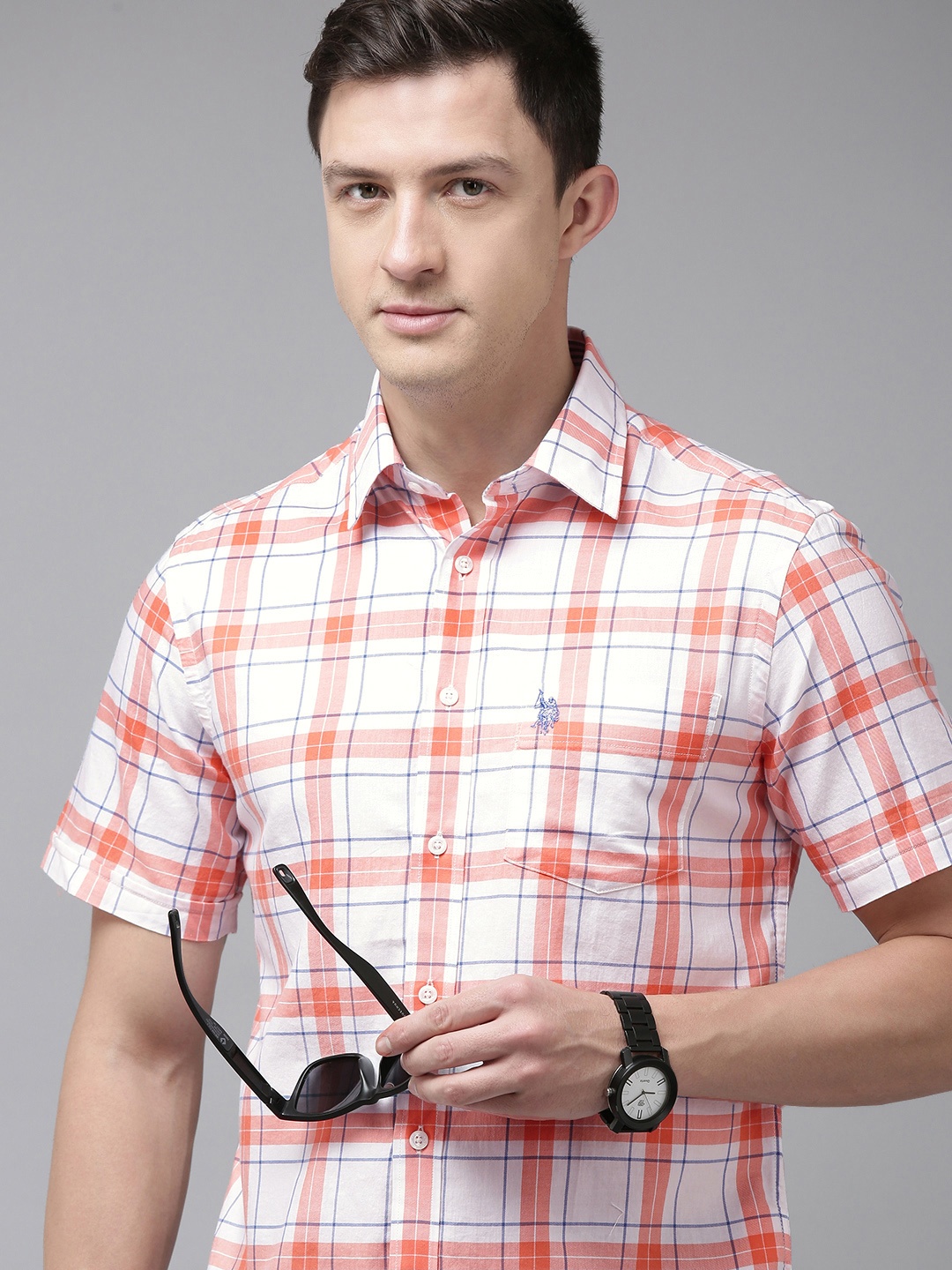 U S Polo Assn Men Coral Red And White Tailored Fit Checked Pure Cotton Casual Shirt
U S Polo Assn Men Coral Red And White Tailored Fit Checked Pure Cotton Casual Shirt
