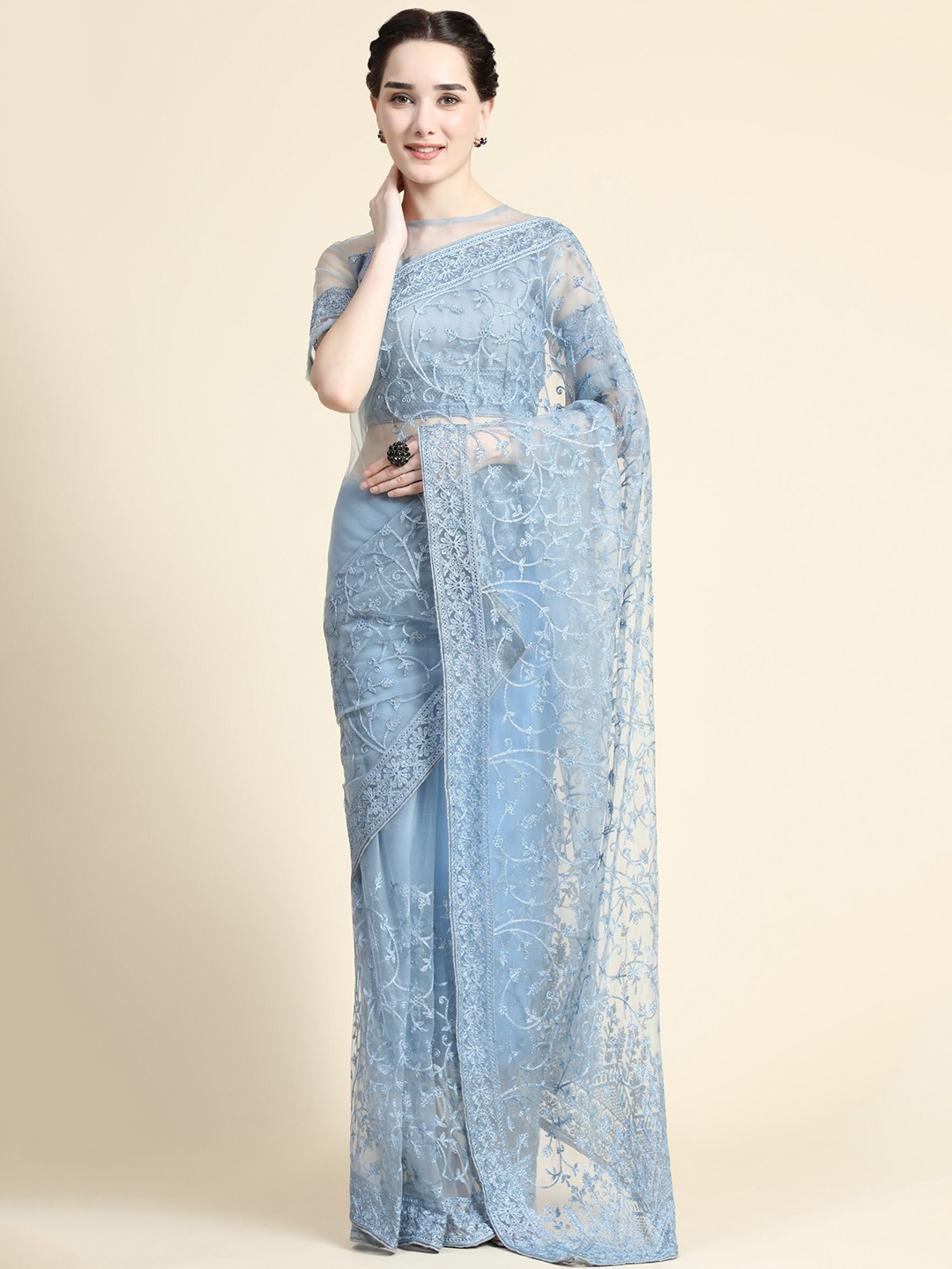ORUS Women's Blue Floral Embroidered Net Heavy Work Saree