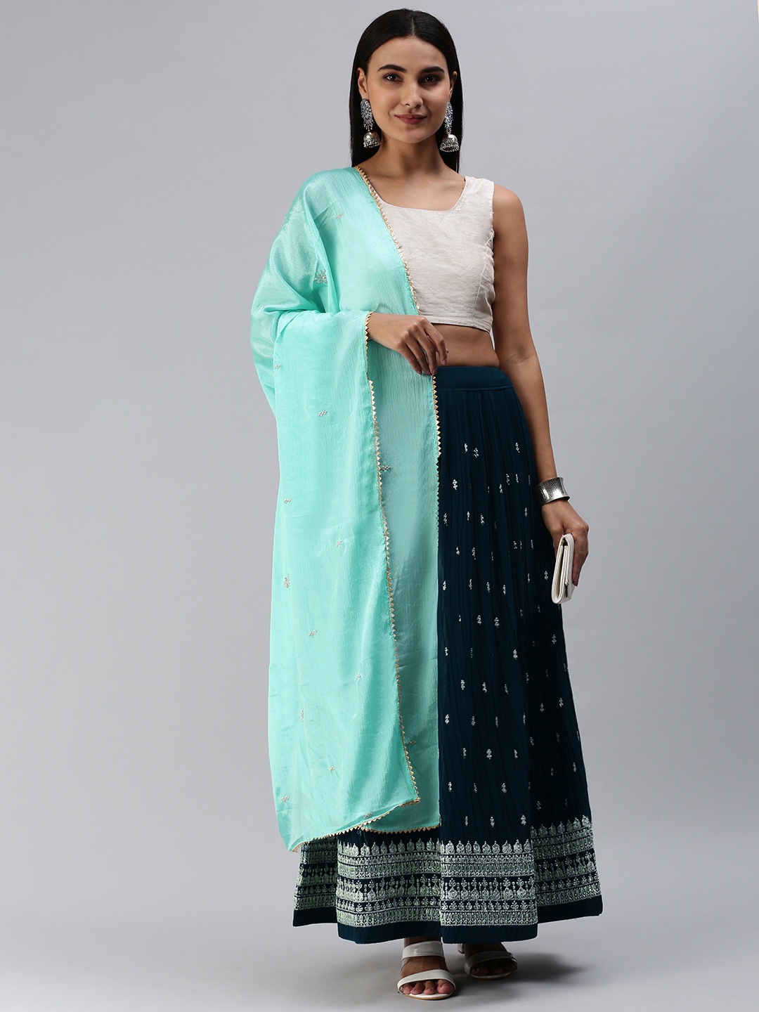 Rani Saahiba Navy Blue & Silver-Toned Embroidered Semi-Stitched Lehenga & Unstitched Blouse With Dupatta
Rani Saahiba Navy Blue & Silver-Toned Embroidered Semi-Stitched Lehenga & Unstitched Blouse With Dupatta
