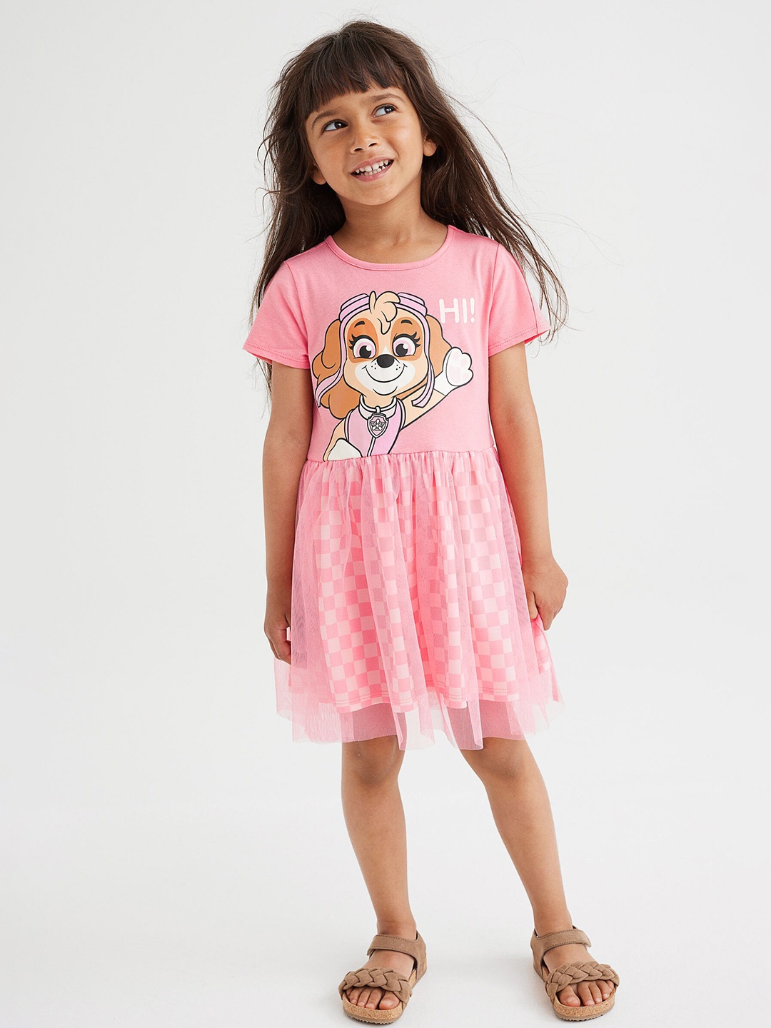 H&M Girls Pink Cotton Printed Tulle Dress