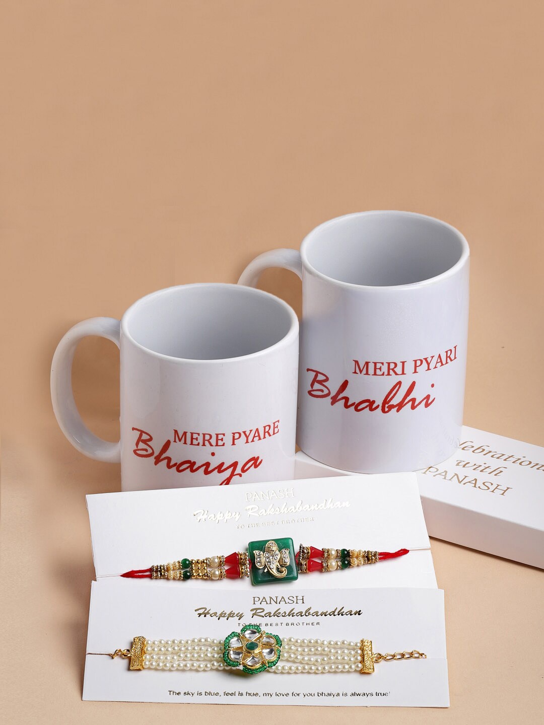 PANASH Set of 2 Bhaiya Bhabhi Embellished Rakhi with Bhaiya Bhabhi Mugs Gift Set, Multi
PANASH Set of 2 Bhaiya Bhabhi Embellished Rakhi with Bhaiya Bhabhi Mugs Gift Set, Multi
