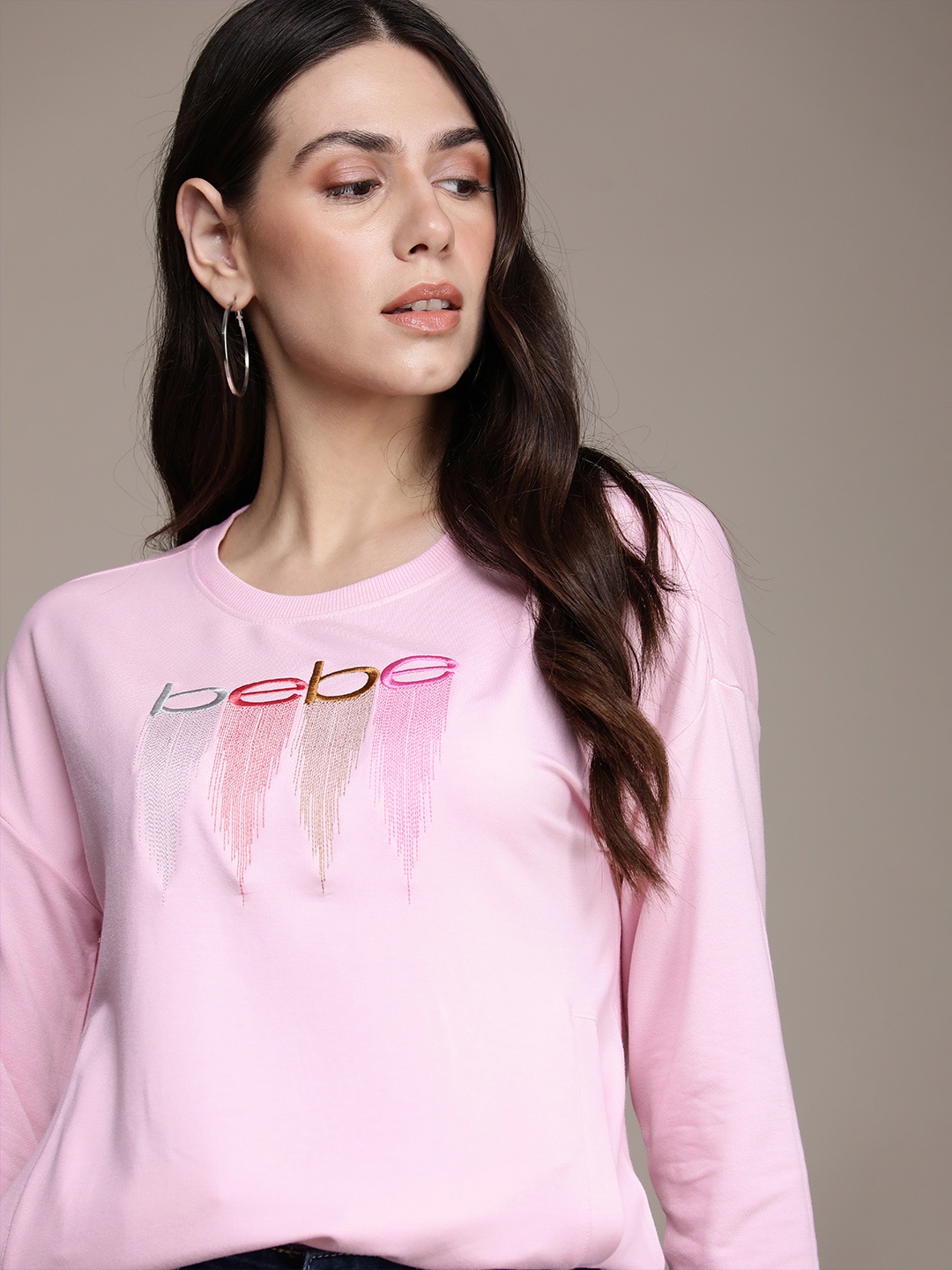 bebe Women Pink Brand Logo Embroidered Sweatshirt