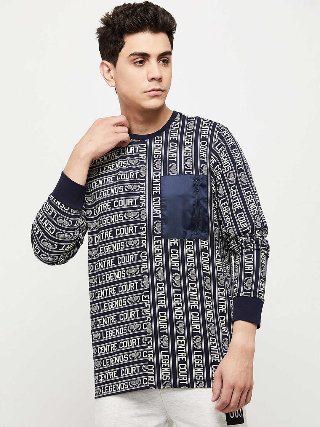 max Typography Printed Long Sleeves T-shirt, Navy blue