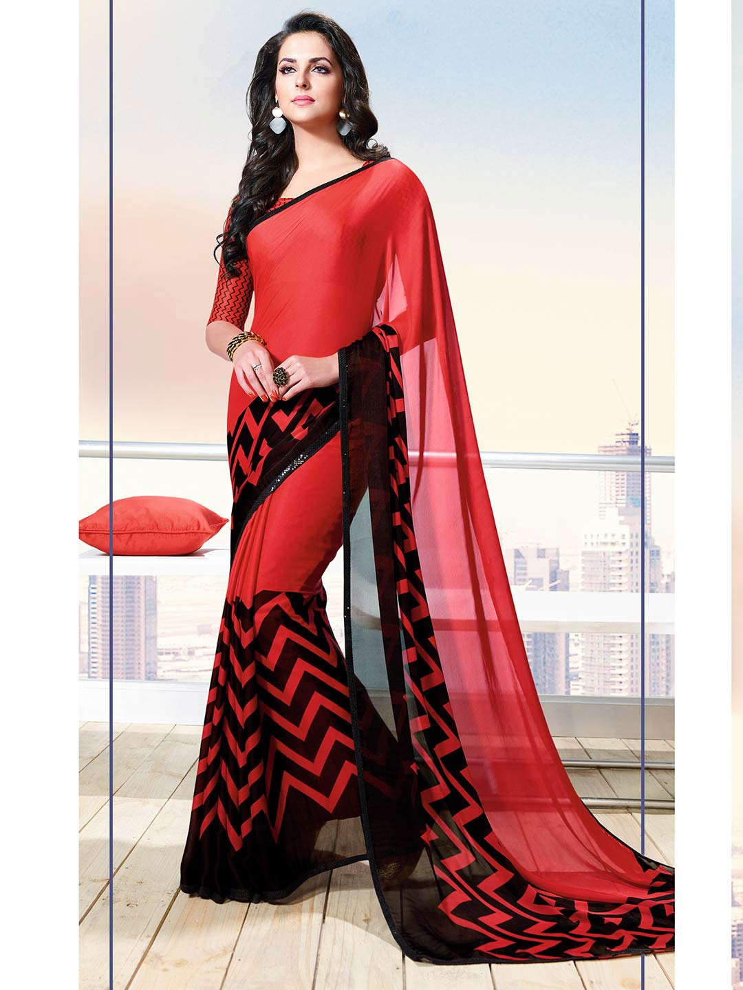 Shaily Women Red & Black Striped Sequinned Satin Saree